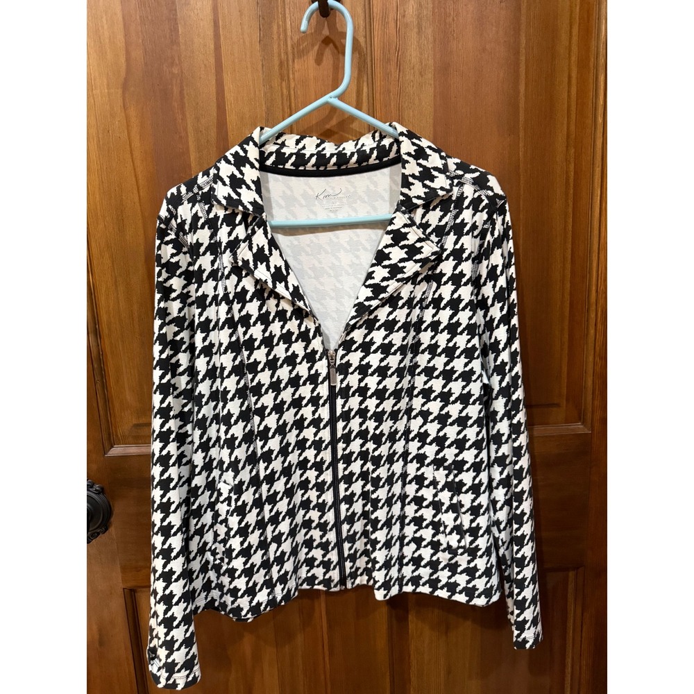 Kim‎ Rogers Womens Houndstooth Zip Up Jacket L Black White Cotton Blend Casual